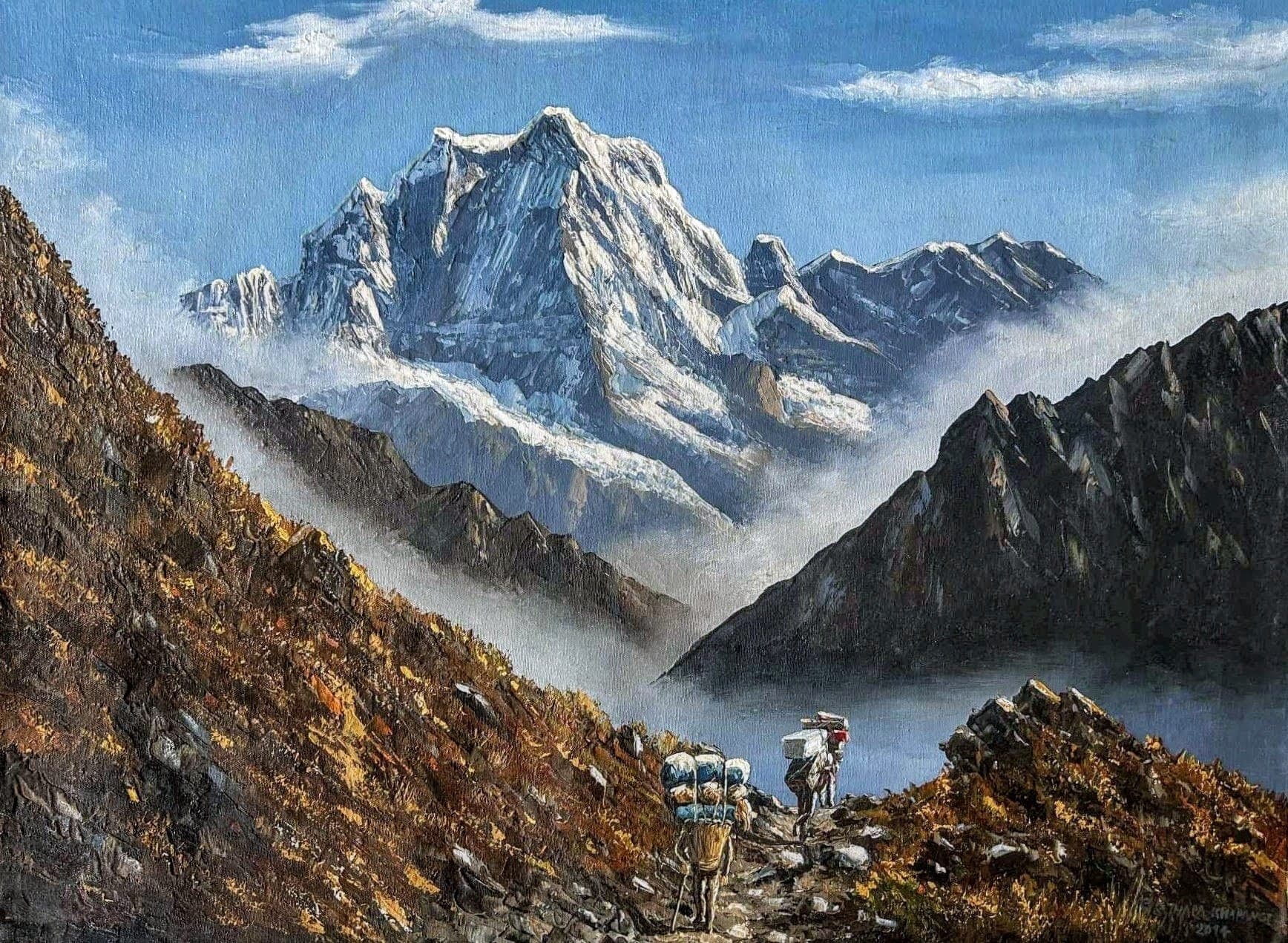 Buy Mera Peak Trekking Nepal - Textured Mountain Oil Painting - Original fine art painting at Shakya Gallery Nepal
