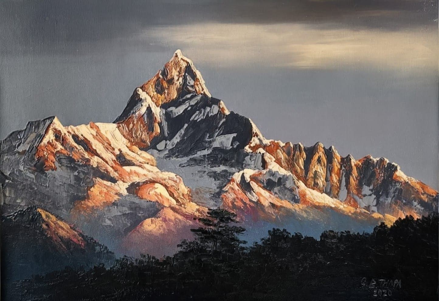 Buy Machapuchare Sunset Alpenglow - Nepal Mountain Oil Painting - Original fine art painting at Shakya Gallery Nepal